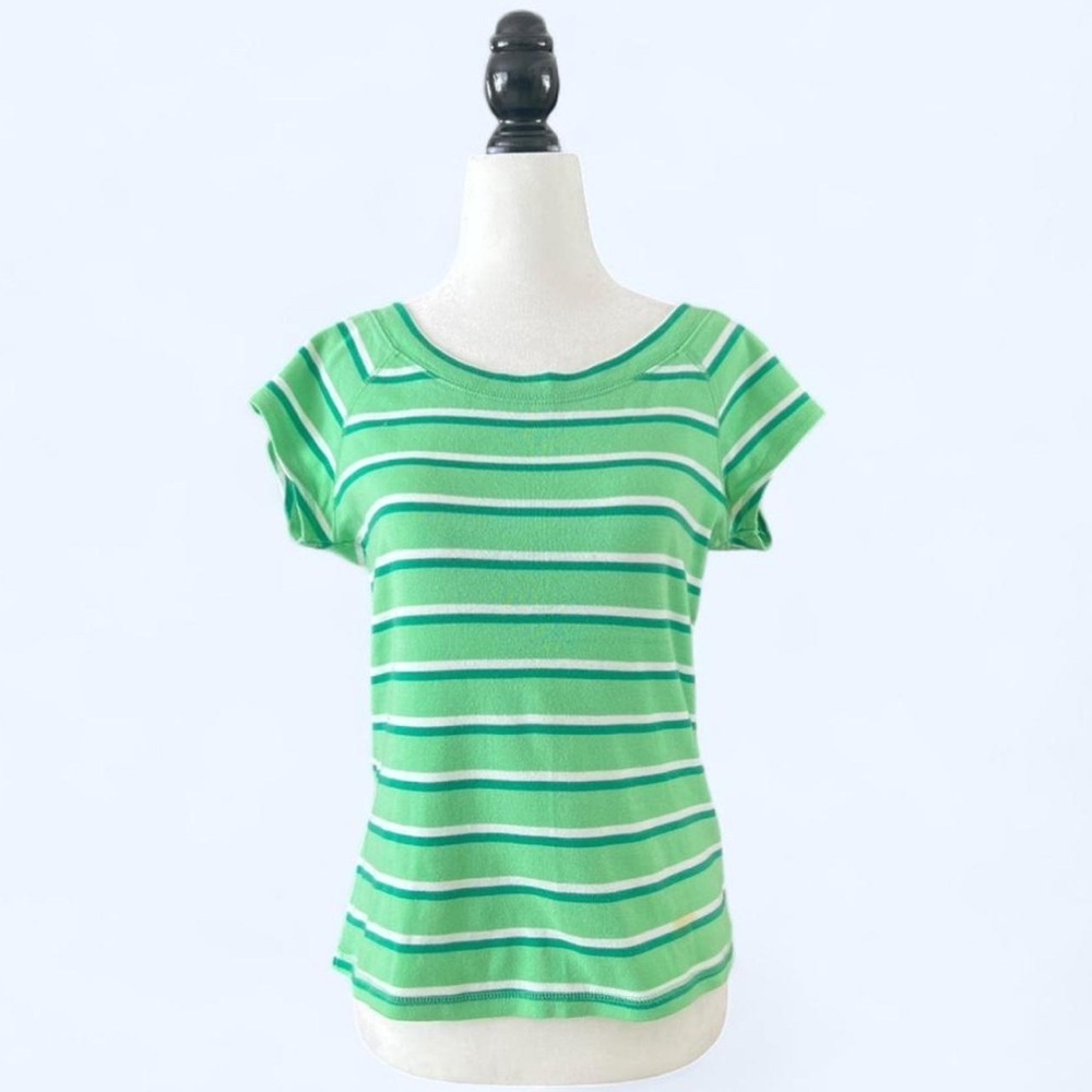 Y2K B.U.M Equipment Womens Green White Striped Scoop Neck Baby Tee Shirt Medium